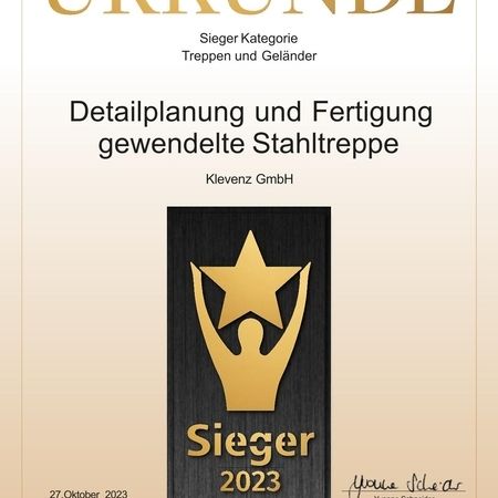 Detailplanung und Fertigung gewendelte Stahlreppe - Urkunde